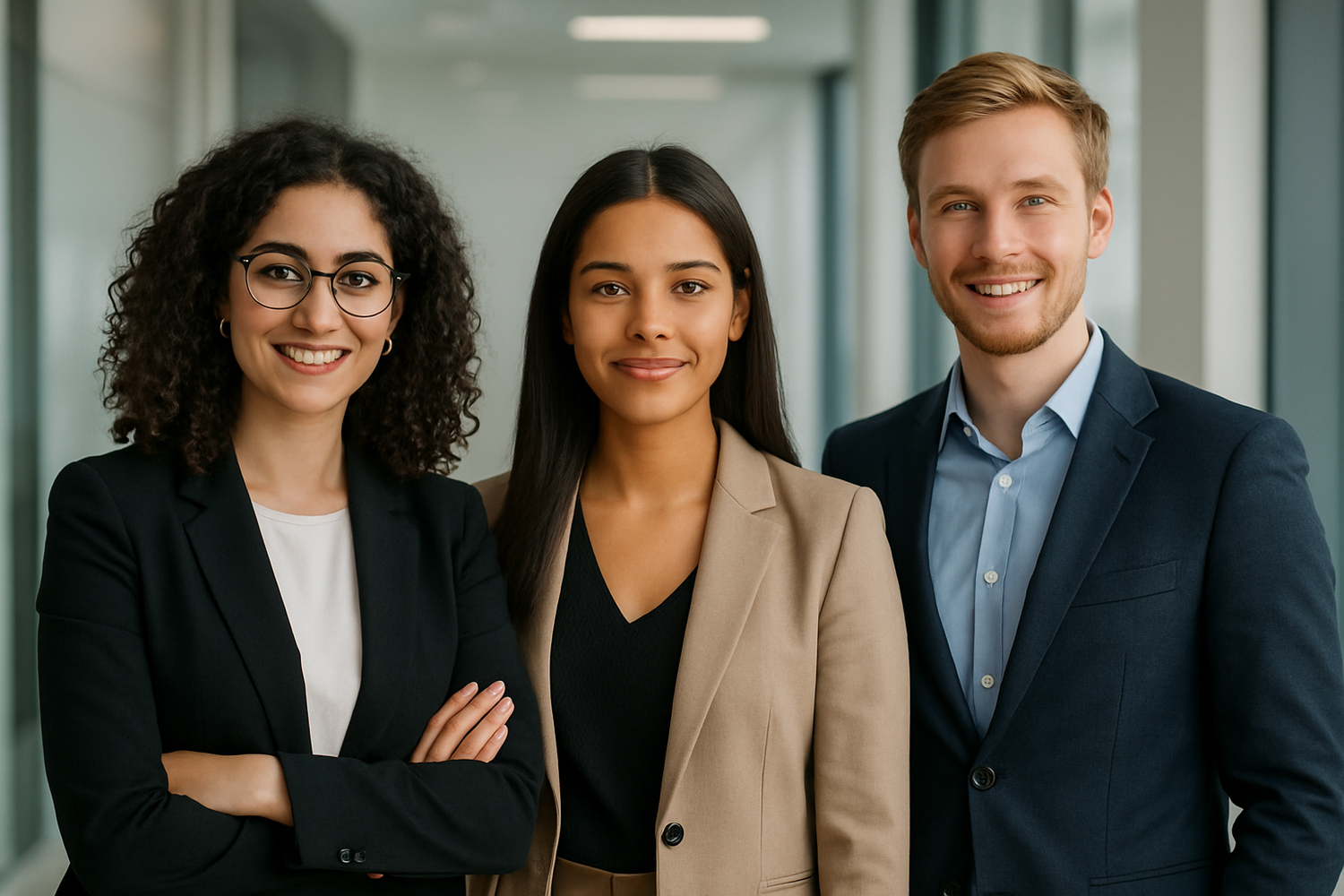2 girls and 1 guy standing for a company picture. one girl is Lebanese with curly brown hair and the other has light brown skin with striaght brown hair. The guy has dirty blond hair. all about 30 years old. Dressed stylish and professional